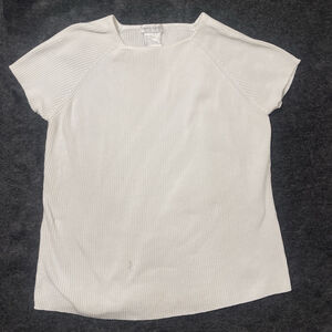 Pierre Cardin Sweater Womens Sz M White Ribbed Knit 100% Cotton Short Sleeve VTG